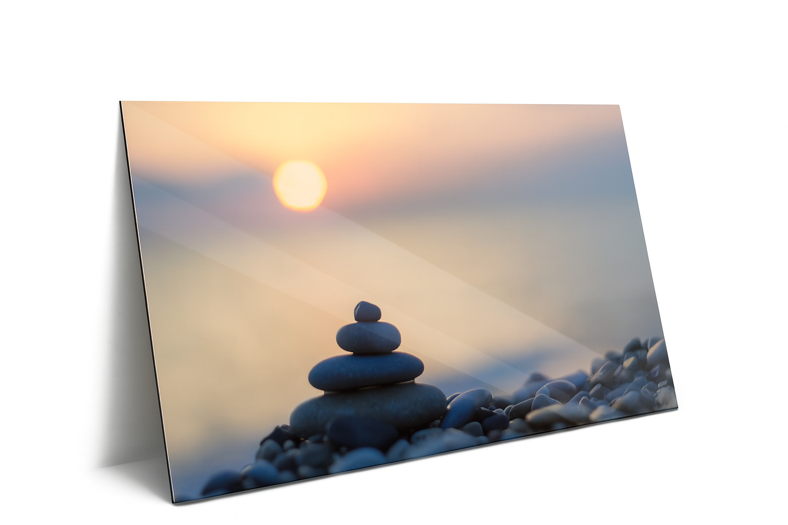 Zen Stone Balance Metal Print – Peaceful Sunset Beach Wall Art