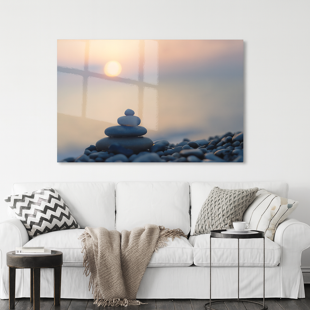 Zen Stone Balance Metal Print – Peaceful Sunset Beach Wall Art