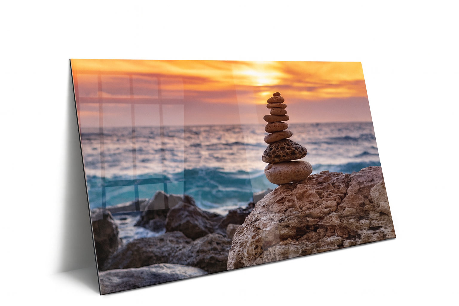 Stacked Rocks at Ocean Sunset – Tranquil Meditation Metal Print