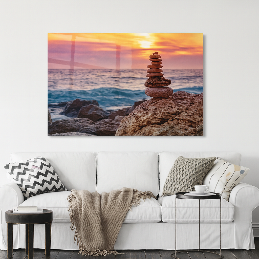 Stacked Rocks at Ocean Sunset – Tranquil Meditation Metal Print
