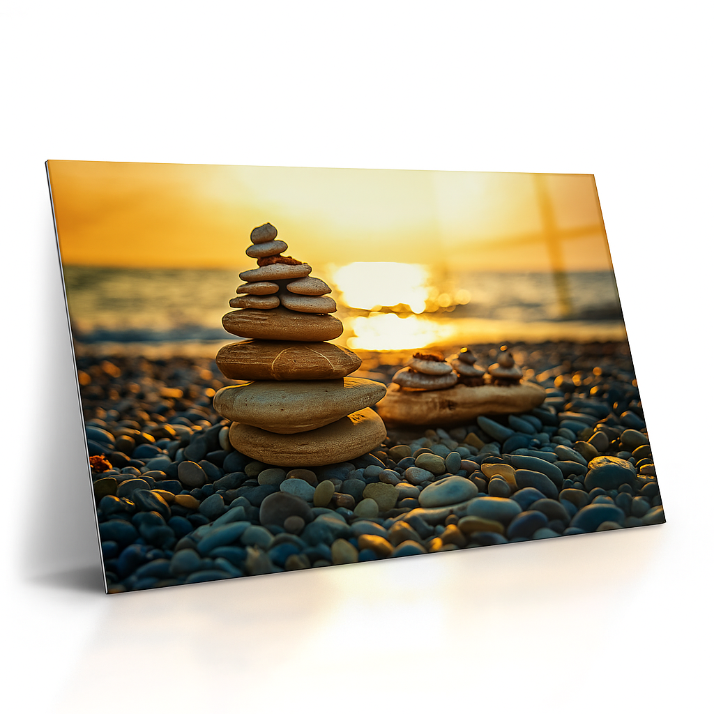 Rustic Stone Tower at Sunrise – Mindfulness & Balance Metal Print