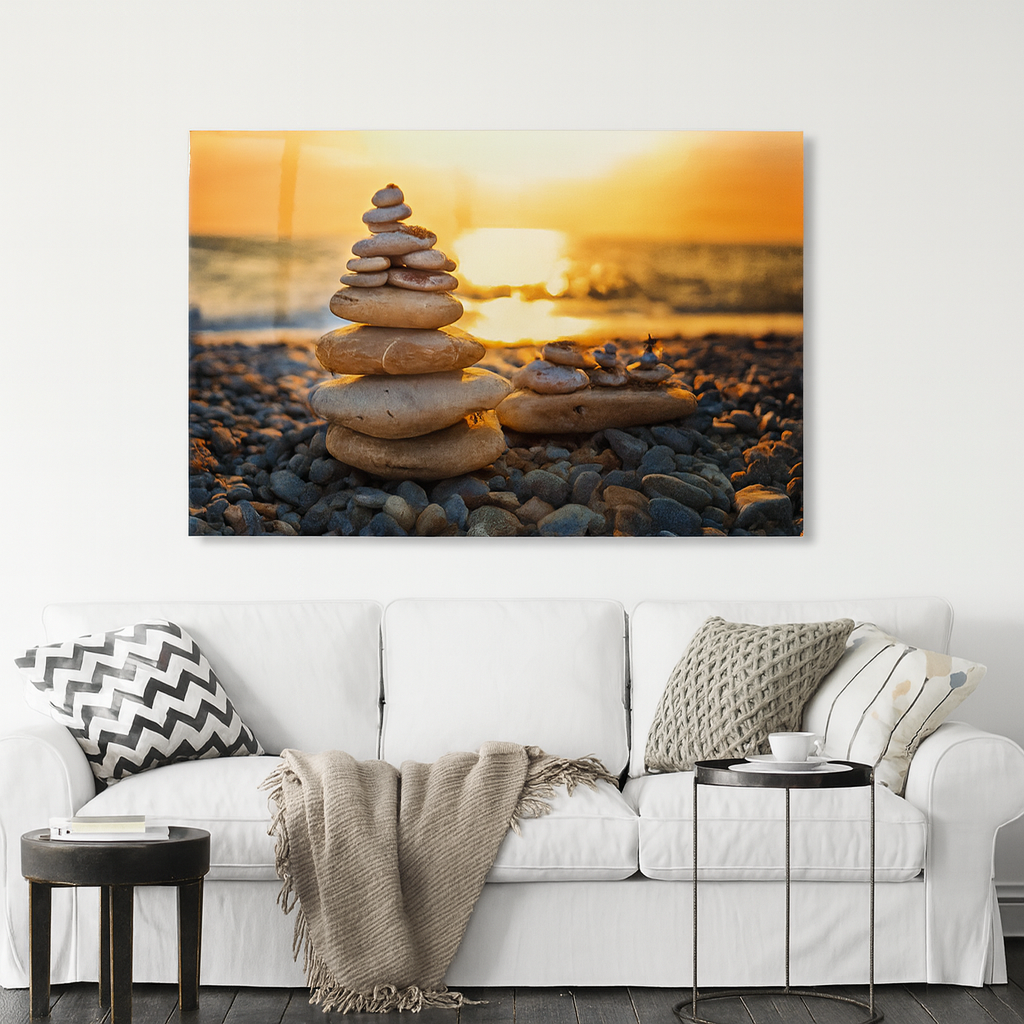 Rustic Stone Tower at Sunrise – Mindfulness & Balance Metal Print