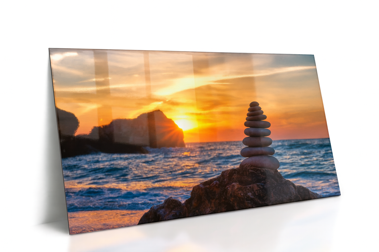Balanced Pebbles with Golden Horizon – Coastal Zen Metal Print