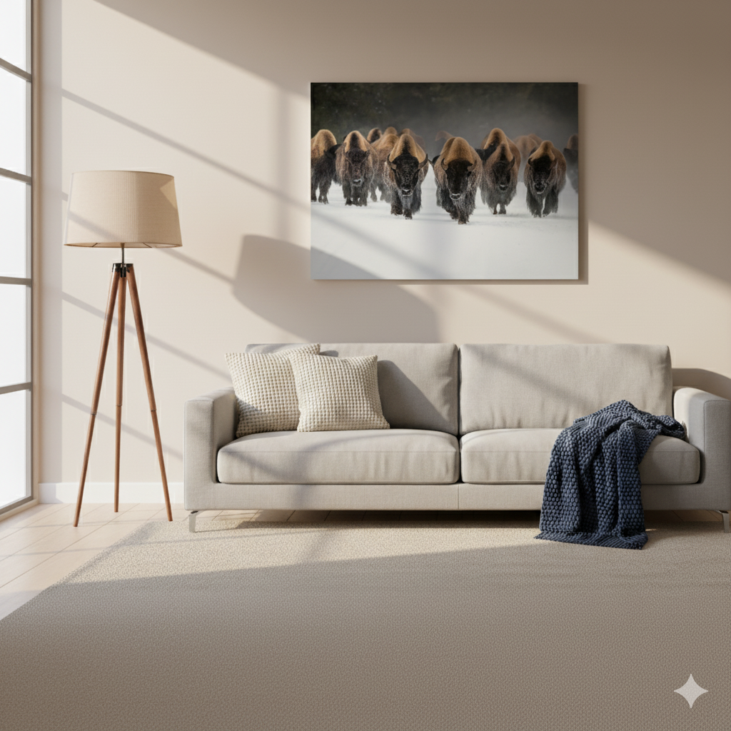 Charging Bison Herd Metal Print – Buffalo Winter Landscape Wall Art for Western & Ranch Decor