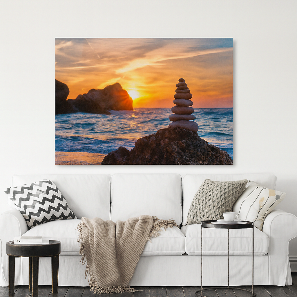 Balanced Pebbles with Golden Horizon – Coastal Zen Metal Print