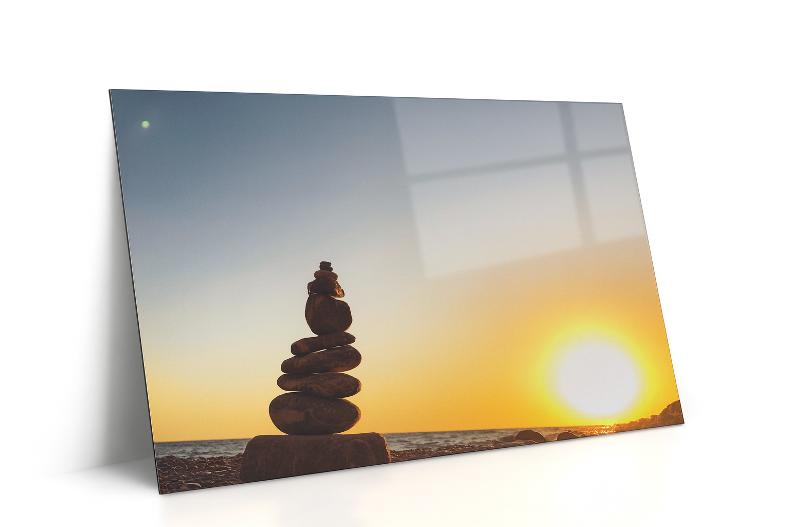 Calming Ocean Sunset with Rock Cairns – Mindful Art Metal Print