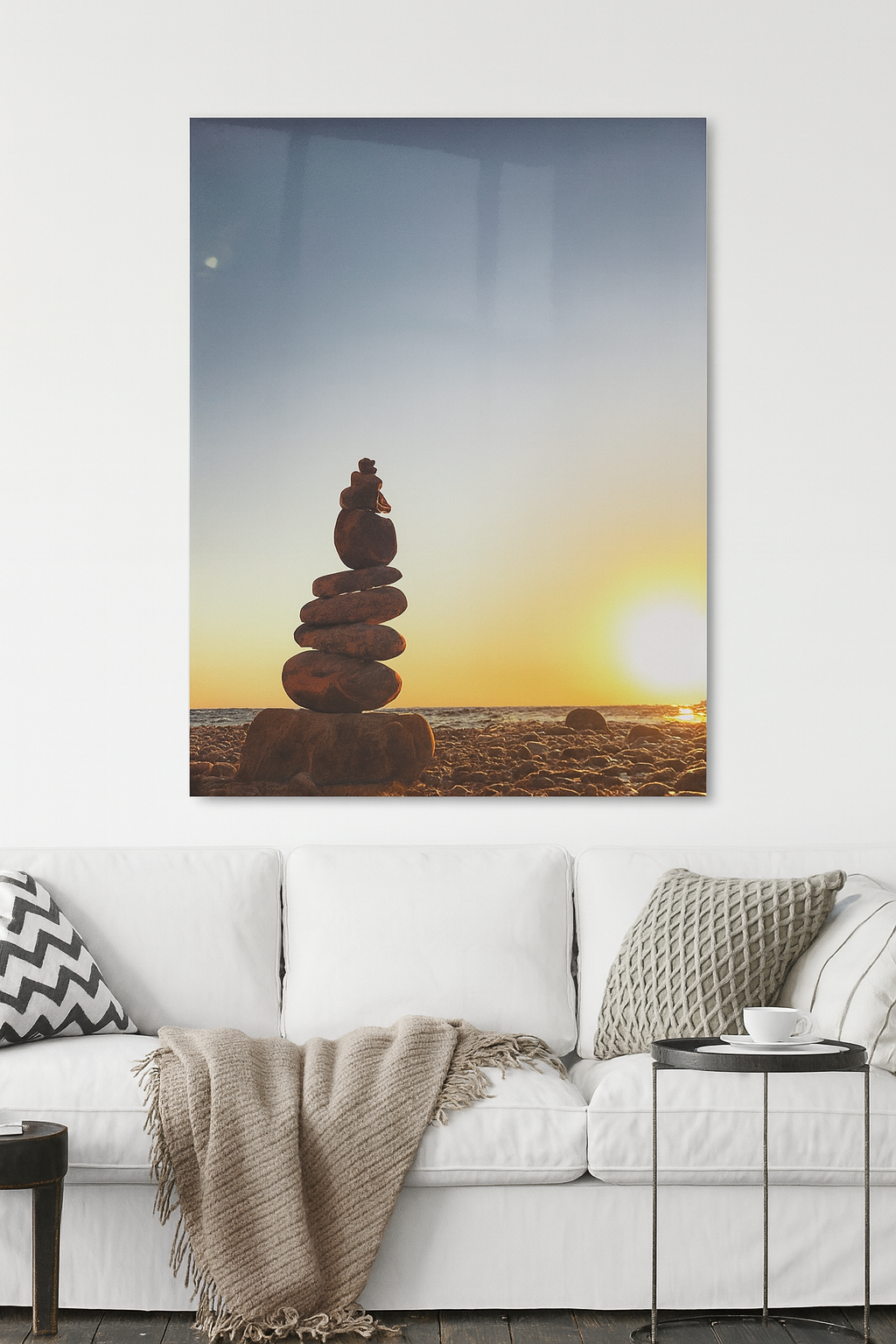 Calming Ocean Sunset with Rock Cairns – Mindful Art Metal Print