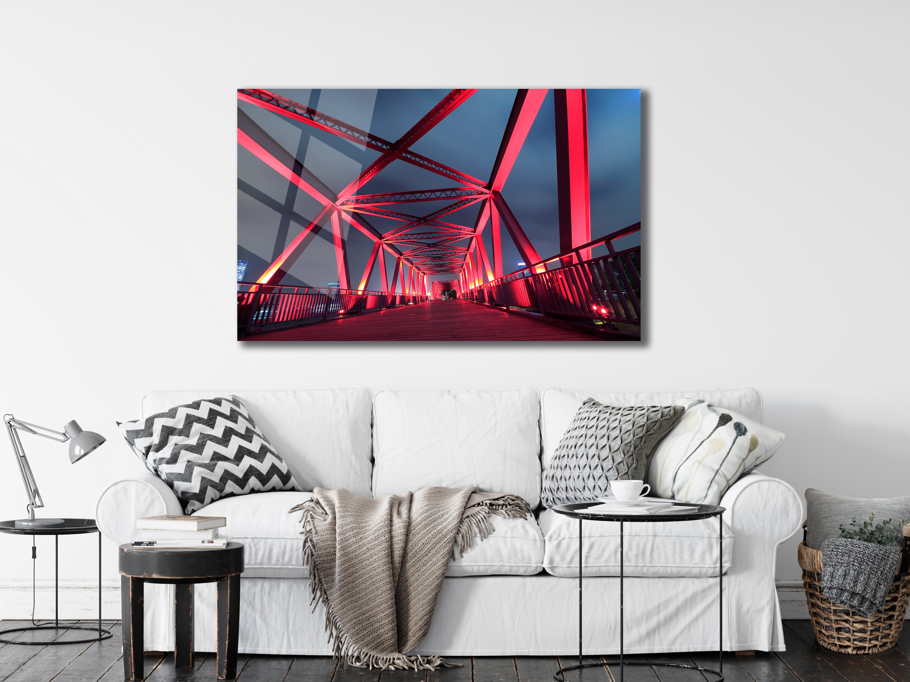 Red Steel Bridge – Illuminated Metal Wall Art